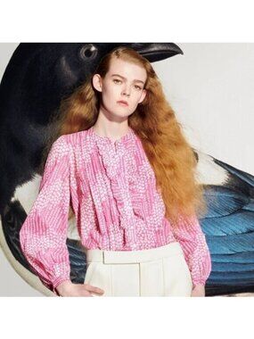 Banjanan Floral Print Blouse S Pink White Maidengrass Vivid Pinks Bohemian Top